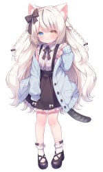  1girl animal_ear_fluff animal_ears bare_shoulders black_bow black_footwear black_skirt blue_eyes blue_jacket blush bow braid brown_eyes cat_ears cat_girl cat_tail center_frills closed_mouth collared_shirt commentary_request dress_shirt frilled_skirt frills full_body grey_hair hair_bow hand_up heterochromia jacket long_hair long_sleeves multicolored_hair off_shoulder open_clothes open_jacket original puffy_long_sleeves puffy_sleeves shirt shoes skirt sleeveless sleeveless_shirt socks solo standing streaked_hair suspender_skirt suspenders tail twin_braids usashiro_mani very_long_hair white_hair white_shirt white_socks 