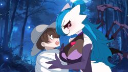  1boy 1girl age_difference alternate_color alternate_hair_length alternate_hairstyle bare_shoulders blue_hair blurry blurry_background blush breasts brown_eyes brown_hair collarbone colored_skin creatures_(company) demon_girl elbow_gloves florian_(pokemon) forest from_side game_freak gardevoir gen_3_pokemon gloves grapeanime grey_hat grin hair_bun happy hat large_breasts leaning_forward leotard light_particles long_hair looking_at_another looking_at_viewer matching_hair/eyes nature nervous night nintendo open_mouth outdoors pokemon pokemon_(creature) pokemon_sv profile purple_gloves purple_leotard shiny_pokemon short_hair sideways_mouth single_hair_bun smile standing sweat teeth tree white_skin wide-eyed 