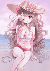  1girl ;d absurdres animal arm_up bare_shoulders beach blush breasts brown_eyes brown_hair brown_hat camisole cleavage cloud collarbone commentary_request commission crab criss-cross_halter crop_top flower halterneck hat hat_flower head_tilt highres horizon jacket long_hair long_sleeves looking_at_viewer medium_breasts navel ocean off_shoulder on_ground one_eye_closed open_clothes open_jacket open_mouth original parted_bangs pink_jacket pink_sky red_shorts sand sand_sculpture short_shorts shorts sitting sky sleeves_past_wrists smile solo tandohark very_long_hair water white_camisole white_flower 