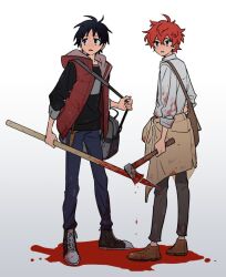  2boys axe bag black_eyes black_hair blood blood_on_clothes bloody_weapon clothes_around_waist collared_shirt full_body holding holding_axe holding_polearm holding_strap holding_weapon hood hooded_vest hoodie jacket jacket_around_waist kyle_broflovski long_sleeves male_focus multiple_boys orange_hair pants parted_lips polearm pool_of_blood shirt shoes short_hair sneakers south_park spear stan_marsh ten_(lu2948d) vest weapon 