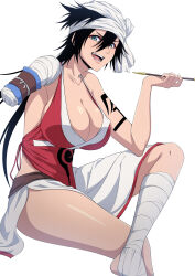  1girl absurdres amputee ankle_wrap ankleband bandaged_head bandages bare_shoulders black_hair bleach blue_eyes breasts cleavage dress highres holding large_breasts long_hair looking_at_viewer nishizuki_shino open_mouth red_dress shiba_kuukaku short_hair side_slit simple_background slingshot_tan smile smoking_pipe solo tattoo white_background 