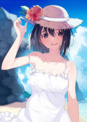  1girl :d arm_up armpits beach black_hair blue_eyes blue_sky blurry blush breasts cleavage cloud collarbone commentary_request day depth_of_field dress flower hair_between_eyes hat hat_flower hibiscus looking_at_viewer medium_breasts off_shoulder open_mouth original outdoors revision sand shore short_hair sky sleeveless sleeveless_dress smile solo strap_slip straw_hat summer sundress sweatdrop umiko_(munemiu) upper_body white_dress 