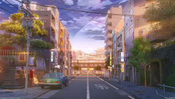  3d apartment balcony bridge building car city cloud contrail cumulonimbus_cloud evening highres mixed-language_commentary motor_vehicle no_humans original outdoors power_lines railing road road_sign scenery shrine sidewalk sign sitai_xiii sky stairs summer sunset traffic_mirror tree utility_pole window 