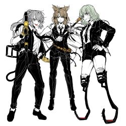  3girls absurdres alternate_costume amputee black_necktie black_pants brown_eyes brown_hair cigarette closed_mouth collared_shirt commentary_request earmuffs flamethrower formal full_body green_eyes green_hair grey_eyes grey_hair hand_on_own_hip highres kuya_(hey36253625) looking_at_viewer mononobe_no_futo multiple_girls necktie pants pointy_ears pointy_hair ponytail prosthesis prosthetic_leg shirt short_hair simple_background soga_no_tojiko touhou toyosatomimi_no_miko weapon white_background white_shirt 