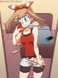  1girl bed bedroom bike_shorts bike_shorts_under_shorts blue_eyes bow_hairband breasts brown_hair cowboy_shot creatures_(company) game_freak groin hairband hand_up highres indoors looking_at_phone may_(pokemon) medium_hair mirror nintendo nintendo_switch paid_reward_available patreon_username phone pillow pokemon pokemon_oras red_hairband red_shirt selfie shirt shorts shorts_under_shorts slippers small_breasts smile solo tobias_wheller white_shorts wooden_floor  rating:Questionable score:71 user:danbooru