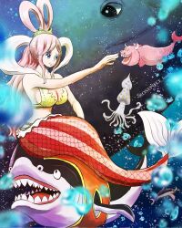  1girl bikini blue_eyes fish fish_hair_ornament hagoromo hair_ornament half_updo hashtag-only_commentary highres horns looking_at_another looking_up megalo mermaid monster_girl one_piece onepiece_banbi pink_hair shark sharp_teeth shawl shirahoshi sidelocks smile swimsuit teeth twitter_username underwater whale yellow_bikini 