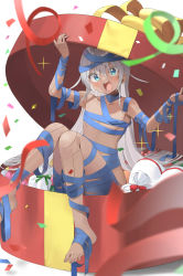  ambiguous_gender android blue_eyes box cyberpunk eva_(puyi) female_focus flat_chest gift highres loli long_hair original platina_siblings ribbon shota smile tagme twin white_hair  rating:Questionable score:19 user:whyhello