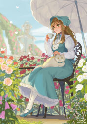  1girl absurdres animal animal_on_lap aqua_dress aqua_footwear aqua_headwear arch bonnet brown_hair bug butterfly cat center_frills chair cloud cup day dress floral_arch flower fountain frills full_body garden green_eyes high_heels highres holding holding_cup insect juliet_sleeves long_sleeves looking_ahead mary_janes on_lap original pantyhose parasol pinafore_dress pink_flower pink_rose puffy_sleeves red_flower red_rose rose sangatsu_(mitsuki358) shirt shoes sitting sleeveless_dress smile solo table teacup umbrella white_cat white_flower white_pantyhose white_rose white_shirt  rating:General score:5 user:danbooru