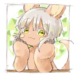  1other :3 androgynous animal_ears border brown_fur closed_mouth commentary_request furry hands_on_own_cheeks hands_on_own_face highres horizontal_pupils looking_at_viewer made_in_abyss mumu_yu_mu nanachi_(made_in_abyss) other_focus rabbit_ears sketch solo tail upper_body whiskers white_border white_hair yellow_eyes  rating:General score:16 user:danbooru
