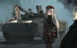  2girls absurdres ak-47 ak-47_(girls&#039;_frontline) ak-74m ak74m_(girls&#039;_frontline) akm armored_vehicle assault_rifle beret black_gloves black_thighhighs blonde_hair blue_eyes bmp-3 brown_shorts cloak combat_knife commentary commission ear_protection expressionless fingerless_gloves fire fog girls&#039;_frontline gloves gun hat highres holding holding_gun holding_weapon kalashnikov_rifle knee_pads knife long_hair looking_at_viewer multiple_girls outdoors ovvvgog13235 pouch purple_eyes red_skirt rifle sheath sheathed shorts single_knee_pad sitting skirt thighhighs weapon white_gloves white_hair 