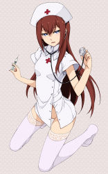  1girl :d alternate_costume blue_eyes bottomless brown_hair buttons cleft_of_venus female_focus fingernails full_body grey_background hair_between_eyes hat holding kneeling lace lace-trimmed_legwear lace_trim legs lingerie long_hair looking_at_viewer makise_kurisu medical naughty_face no_panties no_pants nurse nurse_cap open_mouth polka_dot polka_dot_background pussy saipaco short_sleeves simple_background smile solo steins;gate stethoscope syringe thighhighs unbuttoned uncensored underwear very_long_hair white_thighhighs  rating:Explicit score:171 user:danbooru
