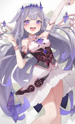  1girl arm_strap arm_up artur_link bare_legs black_dress blush breasts collar detached_collar dot_nose dress feet_out_of_frame female_focus grey_hair hand_up happy hololive hololive_english koseki_bijou koseki_bijou_(1st_costume) long_hair looking_at_viewer multicolored_clothes multicolored_dress open_mouth outstretched_arm petite pink_dress purple_eyes simple_background small_breasts smile solo standing strapless strapless_dress teeth tongue upper_teeth_only virtual_youtuber white_background white_collar white_dress 