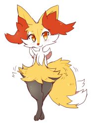 1girl animal_ears animal_hands arms_behind_back blush braixen cactus_(spareminty) creatures_(company) feet female_focus fox_ears fox_tail full_body furry furry_female game_freak gen_6_pokemon highres looking_at_viewer nintendo orange_eyes pokemon pokemon_(creature) pokemon_xy simple_background smile solo standing tail white_background