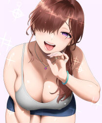  1girl :d bare_shoulders bracelet breasts brown_hair cleavage covered_erect_nipples denim denim_skirt earrings fellatio_gesture hair_over_one_eye heart heart-shaped_pupils jewelry jinroku leaning_forward long_hair looking_at_viewer mole mole_on_breast necklace open_mouth original ponytail purple_eyes ring skirt smile solo symbol-shaped_pupils tank_top teeth tongue tongue_out 