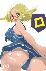  1girl bianca_(pokemon) blonde_hair breasts cameltoe cleft_of_venus cowboy_shot creatures_(company) from_behind game_freak glasses highres large_breasts leaning_forward makoto_daikichi matching_hair/eyes nintendo one-piece_swimsuit open_mouth pokemon pokemon_bw2 red-framed_eyewear short_hair simple_background smile solo standing swimsuit teeth tongue white_background yellow_eyes 