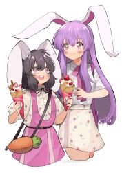 2girls :d alternate_costume animal_ears artist_name black_hair black_ribbon blush carrot_bag commentary_request cropped_legs dress floppy_ears floral_print food fruit highres holding holding_food holding_ice_cream ice_cream inaba_tewi long_hair looking_at_another medium_hair multiple_girls neck_ribbon open_mouth pink_bag pink_dress pink_eyes pink_hair pink_nails pink_ribbon rabbit_ears rabbit_girl reisen_udongein_inaba ribbon shirt shirt_tucked_in simple_background skirt smile strawberry teeth touhou uchisaki_himari upper_teeth_only white_background white_shirt white_skirt 
