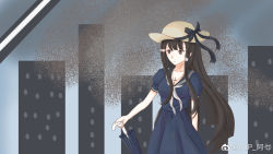 1girl ajp_ahqi black_hair blue_dress brown_eyes chinese_commentary collarbone commentary_request cross cross_necklace dress hat highres holding holding_umbrella iowa_(pacific) jewelry kantai_collection long_hair necklace pacific_(kancolle) puffy_short_sleeves puffy_sleeves sailor_dress short_sleeves sun_hat umbrella weibo_watermark white_headwear