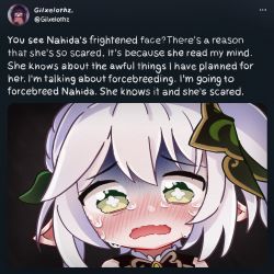  1girl absurdres blush crying crying_with_eyes_open elf english_text face genshin_impact gilxelothz43 green_eyes highres looking_at_viewer meme mind_reading nahida_(genshin_impact) open_mouth pointy_ears scared tears text_focus twitter wavy_mouth white_hair  rating:Sensitive score:114 user:JustLewdit