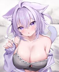  1girl :o ahoge animal_ear_fluff animal_ears armpit_crease blush breasts camisole cat_cutout cat_ears cat_girl cat_tail chocola_vt cleavage clothing_cutout collarbone commentary dot_nose english_commentary fingernails grey_camisole hair_between_eyes hand_up head_tilt highres holding hololive jacket large_breasts long_fingernails long_sleeves looking_at_viewer medium_hair mimikaki nail_polish nekomata_okayu nekomata_okayu_(membership) official_alternate_costume open_clothes open_jacket parted_lips purple_eyes purple_hair purple_jacket purple_nails sleeves_past_wrists solo sparkling_eyes strap_slip tail two_side_up upper_body virtual_youtuber 