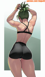  1girl absurdres alternate_hairstyle arms_up artist_name ass back bare_arms bare_legs bare_shoulders black_shorts cameltoe commentary_request criss-cross_back-straps curly_hair facing_away from_behind green_hair highres huge_ass long_hair muscular muscular_female one-punch_man patreon_username ponytail shiny_skin shorts solo staff stopu tank_top tatsumaki thick_thighs thigh_gap thighs toned tying_hair watermark web_address wide_hips  rating:Sensitive score:130 user:danbooru