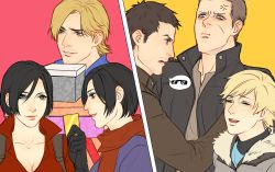  3boys 3girls ada_wong anderain anger_vein black_hair blonde_hair breasts brown_hair capcom carla_radames chris_redfield cleavage credit_card crew_cut facial_hair facial_scar fur_collar gift highres jacket jake_muller leon_s._kennedy multiple_boys multiple_girls pout red_scarf resident_evil resident_evil_2 resident_evil_6 scar scar_on_cheek scar_on_face scarf sherry_birkin short_hair stubble 