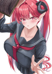  1girl absurdres azur_lane black_horns black_sailor_collar black_serafuku black_shirt black_skirt blush breast_press breasts collarbone commentary cosplay curled_horns demon_girl demon_horns formidable_(azur_lane) formidable_(azur_lane)_(cosplay) formidable_(the_lover&#039;s_heart_flutters_on_duty)_(azur_lane) highres hindenburg_(azur_lane) horns large_breasts long_hair looking_at_viewer pointy_ears red_eyes red_hair sailor_collar school_uniform serafuku shirt simple_background skirt solo spekkio36 symbol-only_commentary twintails very_long_hair white_background 
