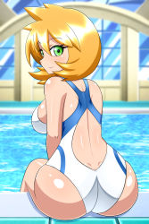 1girl ass bare_shoulders blush breasts butt_crack creatures_(company) from_behind game_freak green_eyes highres huge_ass large_breasts looking_at_viewer looking_back misty_(pokemon) nintendo one-piece_swimsuit orange_hair pokemon pokemon_hgss shiny_clothes shiny_skin short_hair sideboob sitting smile solo swimsuit wide_hips yensh rating:Questionable score:37 user:armorcrystal