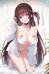  1girl adjusting_hair ayamy bare_legs bare_shoulders barefoot black_choker blue_eyes bra braid breasts brown_hair choker cleavage ear_piercing hair_ornament hair_ribbon hand_up heart highres kneeling large_breasts long_hair long_sleeves looking_at_viewer miyawaki_sana navel off_shoulder one_side_up open_clothes open_mouth open_shirt original panties piercing ribbon shirt sidelocks smile solo stomach string_bra thighs toes underwear very_long_hair white_bra white_panties white_shirt x_hair_ornament  rating:Sensitive score:15 user:danbooru