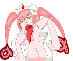  breasts ebola-chan highres large_breasts long_tongue nurse open_clothes open_mouth open_shirt pale_skin personification pink_hair sharp_teeth shirt teeth tongue tongue_out  rating:Questionable score:7 user:PURPLE_HAZE_