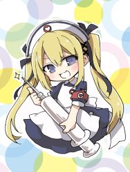  1girl armband artist_request blonde_hair blue_eyes chibi dead_or_alive hair_ribbon long_hair looking_at_viewer marie_rose nurse nurse_cap oversized_object smile syringe twintails very_long_hair  rating:Sensitive score:9 user:hellarmy