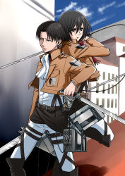  1boy 1girl black_eyes black_hair blue_sky boots brown_jacket cloud day hair_between_eyes holding holding_sword holding_weapon jacket levi_(shingeki_no_kyojin) llmonakall mikasa_ackerman military military_uniform neckerchief official_style open_clothes open_jacket outdoors pants parted_lips red_scarf scarf shingeki_no_kyojin short_hair sky standing sword uniform weapon white_neckerchief white_pants 