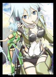  10s 1girl animal_ears arrow_(projectile) bad_id bad_pixiv_id blue_eyes blue_hair bow_(weapon) breasts bullet cat_ears cleavage dual_persona mouth_hold quiver short_hair short_shorts shorts sinon sinon_(sao-alo) sword_art_online weapon xanadu 