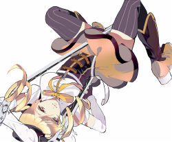  10s 1girl bad_id bad_pixiv_id beret blonde_hair boots brown_thighhighs detached_sleeves drill_hair fingerless_gloves gloves gun hair_ornament hairpin hat magical_girl magical_musket mahou_shoujo_madoka_magica mahou_shoujo_madoka_magica_(anime) musket okomeuma pleated_skirt puffy_sleeves ribbon rifle skirt solo striped_clothes striped_thighhighs thighhighs tomoe_mami twin_drills twintails upside-down vertical-striped_clothes vertical-striped_thighhighs weapon zettai_ryouiki  rating:Sensitive score:7 user:danbooru
