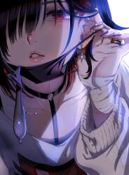  1boy androgynous bandages barbell_piercing black_choker black_hair choker colored_inner_hair condom earrings hair_over_one_eye highres ikezaki_misa indie_virtual_youtuber jewelry lips long_sleeves looking_at_viewer male_focus mask mouth_mask multicolored_hair nail_polish neck_piercing piercing red_eyes red_hair ring shinoshima_raise solo sweater two-tone_hair used_condom 
