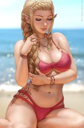 1girl artist_name beach bikini blonde_hair blurry blurry_background bracelet braid braided_ponytail breasts cleavage closed_eyes commentary crown_braid day depth_of_field ear_piercing earrings elf english_commentary eyelashes hair_over_shoulder hand_tattoo highres holding holding_own_hair jewelry large_breasts lips multi-strapped_bikini myra_(sciamano240) necklace nose ocean original piercing pointy_ears ring sciamano240 sitting solo swimsuit tattoo rating:Sensitive score:135 user:danbooru