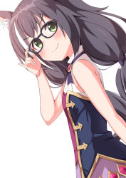 &gt;:) 1girl ame. animal_ear_fluff animal_ears bare_arms bare_shoulders bespectacled black-framed_eyewear black_hair blush cat_ears cat_girl cat_tail closed_mouth commentary_request dutch_angle glasses green_eyes highres karyl_(princess_connect!) long_hair low_twintails pink_skirt princess_connect! shirt simple_background skirt sleeveless sleeveless_shirt smile solo split_mouth tail tail_raised twintails v-shaped_eyebrows very_long_hair white_background white_shirt rating:Sensitive score:6 user:danbooru