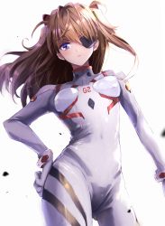 1girl absurdres artist_request blue_eyes blush bodysuit breasts brown_hair covered_navel cowboy_shot evangelion:_3.0+1.0_thrice_upon_a_time eyepatch floating_hair frown gloves hair_between_eyes hair_ornament hand_on_own_hip highres interface_headset long_hair looking_at_viewer medium_breasts neon_genesis_evangelion one_eye_covered plugsuit rebuild_of_evangelion shiny_clothes shiny_skin skin_tight solo souryuu_asuka_langley thighs twintails two_side_up very_long_hair white_background white_bodysuit white_gloves rating:Sensitive score:8 user:fakyuh