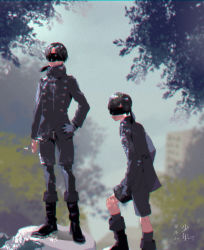  2boys android bandages bandaged_hand black_hair blindfold boots character_request hand_on_own_hip multiple_boys nier_(series) nier:automata shorts sunlight translated  rating:Sensitive score:0 user:The_Silver_Prince