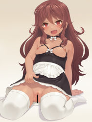 1girl :d apron arm_support bar_censor bare_shoulders black_choker black_dress blush bow breasts breasts_out brown_hair censored choker clothes_lift collarbone commentary_request dark-skinned_female dark_skin dress dress_lift fang hair_between_eyes leaning_back lifting_own_clothes long_hair maid meow_(nekodenki) nipples no_bra no_shoes open_mouth original red_eyes revealing_clothes simple_background sitting small_breasts smile solo tan thighhighs very_long_hair victorian_maid wariza wavy_hair white_apron white_bow white_thighhighs rating:Explicit score:55 user:danbooru