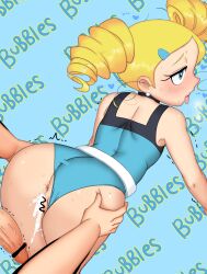  1boy 1girl after_vaginal aftersex all_fours anus ass back bar_censor belt black_choker black_one-piece_swimsuit blonde_hair blue_background blue_eyes blue_one-piece_swimsuit blush breath bubbles_(ppg) censored choker clothing_aside cum cum_in_pussy drill_hair earrings eyebrows eyelashes from_above from_behind goutokuji_miyako hands_on_another&#039;s_hips heart heart-shaped_pupils heavy_breathing hetero hoshime huge_ass jewelry kyojiri_loli loli looking_afar medium_hair mind_break motion_lines one-piece_swimsuit one-piece_swimsuit_aside open_mouth penis powerpuff_girls powerpuff_girls_z profile pussy rolling_bubbles saliva simple_background solo_focus swimsuit symbol-shaped_pupils teeth tongue tongue_out trembling twin_drills two-tone_one-piece_swimsuit upper_teeth_only white_belt 