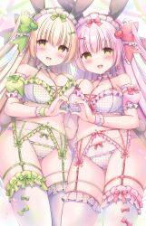  2girls :d animal_ears apple_hair_ornament bare_shoulders blonde_hair blush bow bow_bra bow_panties bra breast_press breasts collarbone commentary_request detached_sleeves food-themed_hair_ornament frilled_bow frilled_bra frilled_panties frilled_thighhighs frills garter_belt green_bow green_sleeves hair_between_eyes hair_bow hair_ornament highres kouta. large_breasts long_hair multiple_girls navel open_mouth original panties pink_hair pink_sleeves polka_dot polka_dot_bra polka_dot_panties puffy_short_sleeves puffy_sleeves rabbit_ears rabbit_girl rabbit_tail red_bow saliva short_sleeves smile symmetrical_docking tail thighhighs two_side_up underwear underwear_only very_long_hair white_bra white_panties white_thighhighs yellow_eyes 