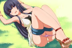  10s 1boy 1girl aftersex barefoot black_hair blue_eyes breasts clothes_pull commentary_request cum cum_in_pussy cumdrip feet grass hetero highres holding_another&#039;s_wrist hu_sea large_breasts long_hair long_legs lying on_back on_ground open_mouth panties panties_under_shorts panty_pull sandals sex short_pull shorts shorts_pull solo_focus sora_no_method toes togawa_shione uncensored underwear  rating:Explicit score:112 user:danbooru