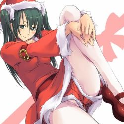  ass blush bow green_eyes green_hair hat panties santa_costume santa_hat twintails underwear  rating:Questionable score:2 user:Overkill399