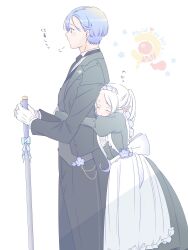  1boy 1girl apron black_dress black_jacket black_pants black_suit blue_flower blue_hair cane closed_mouth dress elf flower formal frieren from_side gloves height_difference hetero highres holding holding_cane hug hug_from_behind jacket juliet_sleeves long_sleeves maid maid_apron mole mole_under_eye pants pointy_ears puff_of_air puffy_sleeves sachinyopo short_hair simple_background sousou_no_frieren suit thick_eyebrows translation_request tuxedo twintails white_apron white_background white_gloves white_hair 