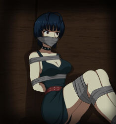  1girl arms_behind_back blue_hair bound bound_ankles bound_arms bound_legs breasts brown_eyes cleavage highres legs leilable medium_breasts persona persona_5 takemi_tae tape tape_bondage tied_up_(nonsexual)  rating:Sensitive score:4 user:darktempleguardian