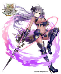 1girl armor bodysuit brave_girl_ravens breasts copyright_name covered_navel ear_piercing full_body gauntlets gloves hair_ornament hair_ribbon highres holding holding_weapon jewelry large_breasts long_hair looking_at_viewer medium_breasts official_art overskirt pelvic_curtain piercing purple_hair ribbon simple_background smile solo thighhighs weapon white_background rating:Sensitive score:9 user:danbooru