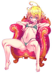  10s 1girl ahoge armpits ass barefoot bikini blonde_hair blue_eyes breasts cameltoe chair cleft_of_venus collarbone commentary_request covered_erect_nipples feet full_body grin hair_between_eyes highres honzawa_yuuichirou looking_at_viewer micro_bikini navel ribs short_hair simple_background sitting small_breasts smile solo swimsuit tanya_degurechaff teeth toes white_background youjo_senki  rating:Questionable score:128 user:danbooru