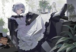  1boy absurdres androgynous apron black_eyes black_gloves couch dungeon_meshi full_body gloves highres indoors maid maid_apron male_focus maratang mary_janes mithrun on_couch shoes short_hair sitting socks solo trap white_hair 