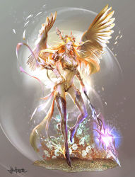  1girl ahua artist_name bikini_armor blonde_hair feathers flower full_body headdress long_hair looking_at_viewer midriff original polearm signature solo standing tagme thigh_boots weapon wings 