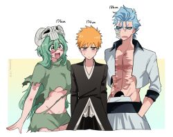  1girl 2boys :/ :d abs arm_at_side arms_at_sides arrancar bleach blue_eyes blue_hair blush breasts brown_eyes closed_mouth commentary_request cowboy_shot cropped_legs eyes_visible_through_hair facial_mark fang frown green_hair green_shirt green_skirt grimmjow_jaegerjaquez hair_between_eyes hair_ornament hair_over_shoulder hand_in_pocket happy height_difference hole_in_stomach jitome kurosaki_ichigo large_breasts long_hair long_sleeves looking_at_another looking_at_viewer miniskirt multiple_boys muscular muscular_male navel nelliel_tu_odelschwanck open_clothes open_mouth open_shirt orange_hair scar scar_on_chest shirt short_hair simple_background skin_fang skirt skull_hair_ornament smile sweatdrop tareme teeth tensa_zangetsu_(bankai) tsurime twitter_username v-shaped_eyebrows very_long_hair wavy_hair white_background white_shirt yanono_015 